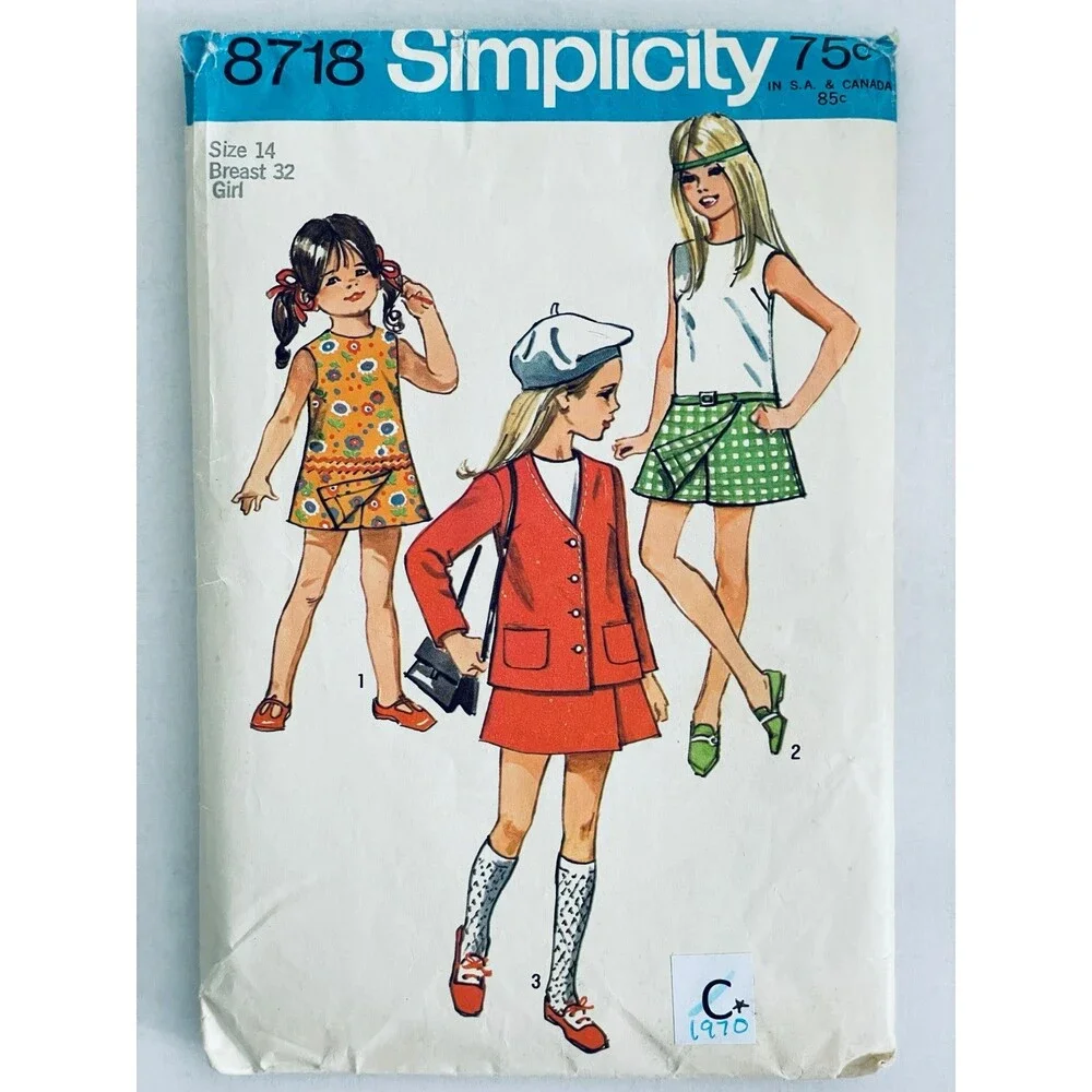 Vintage 70s Simplicity 8718 Girls Pantdress Jacket Sewing Sz 14 INCOMPLETE READ